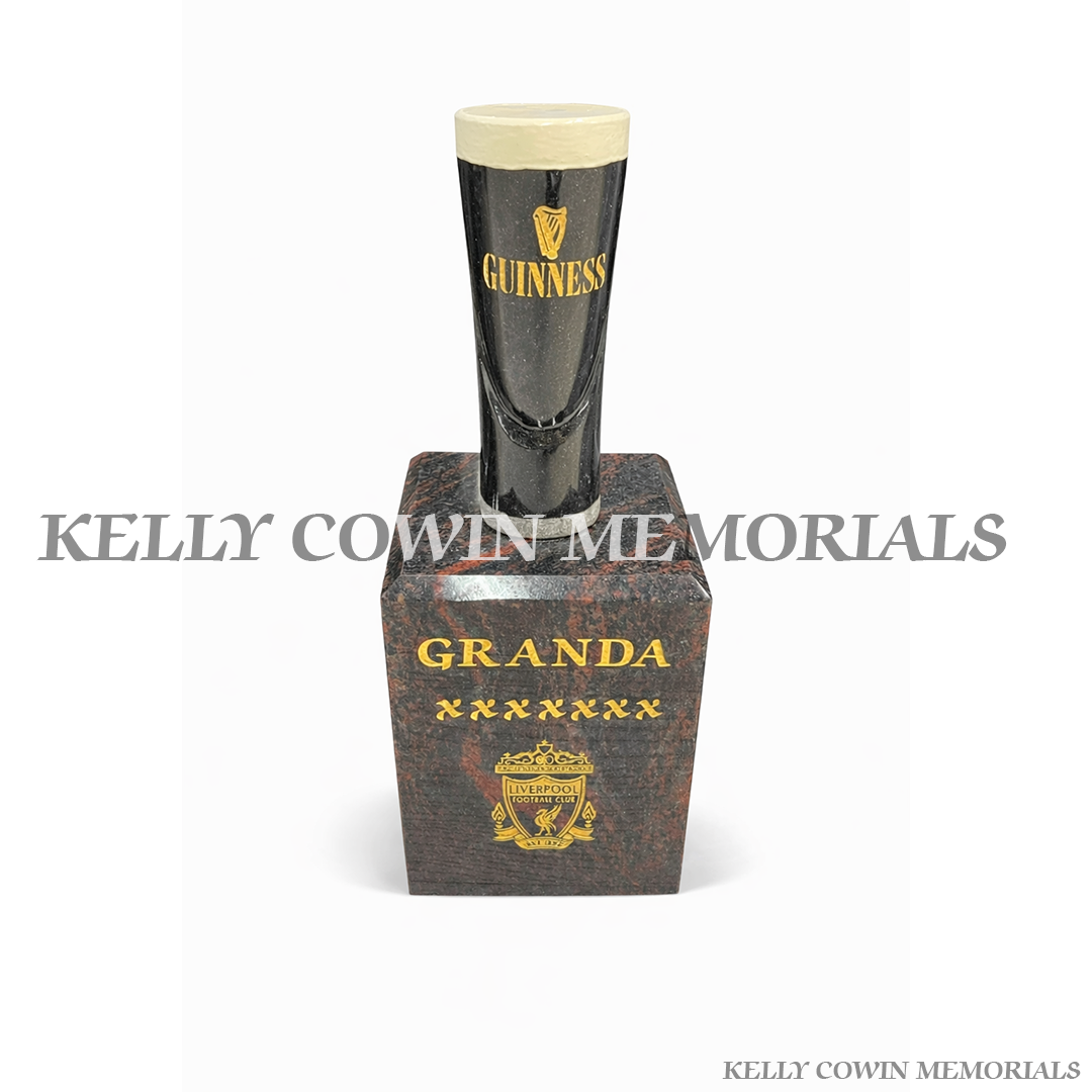 Pandora granite memorial block with granite pint of Guinness personalised grave accessory Ireland