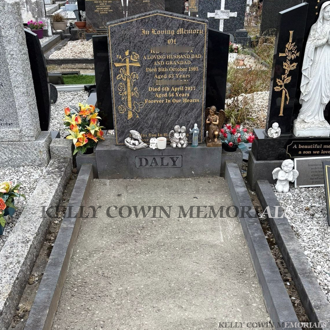 Before and after gravestone renovation showing restored memorial base, repainted headstone, concrete foundation and white chippings by Kelly Cowin Memorials Ireland