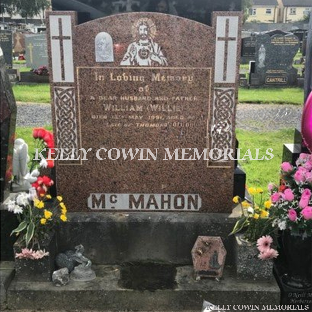 Before and after headstone renovation showing restored memorial and cleaned grave in Ireland