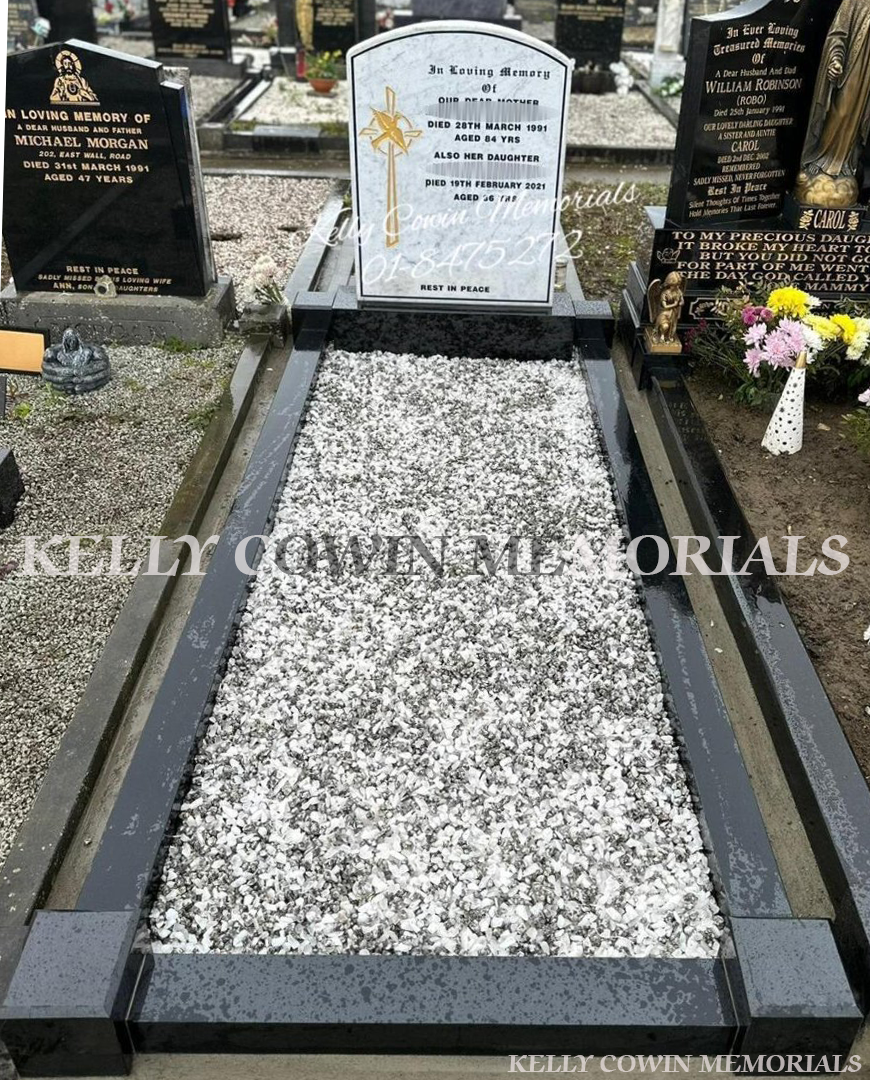 after grave renovation with new black granite kerbing and base and fresh stone chippings in Dublin, memorial restoration service across Ireland