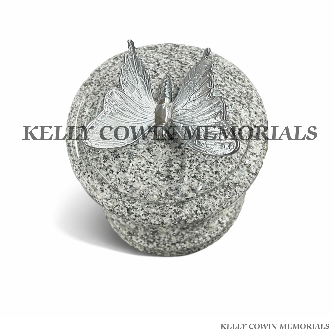 Grey Granite Round Lantern With Silver Butterfly Statue | Kelly Cowin Memorials