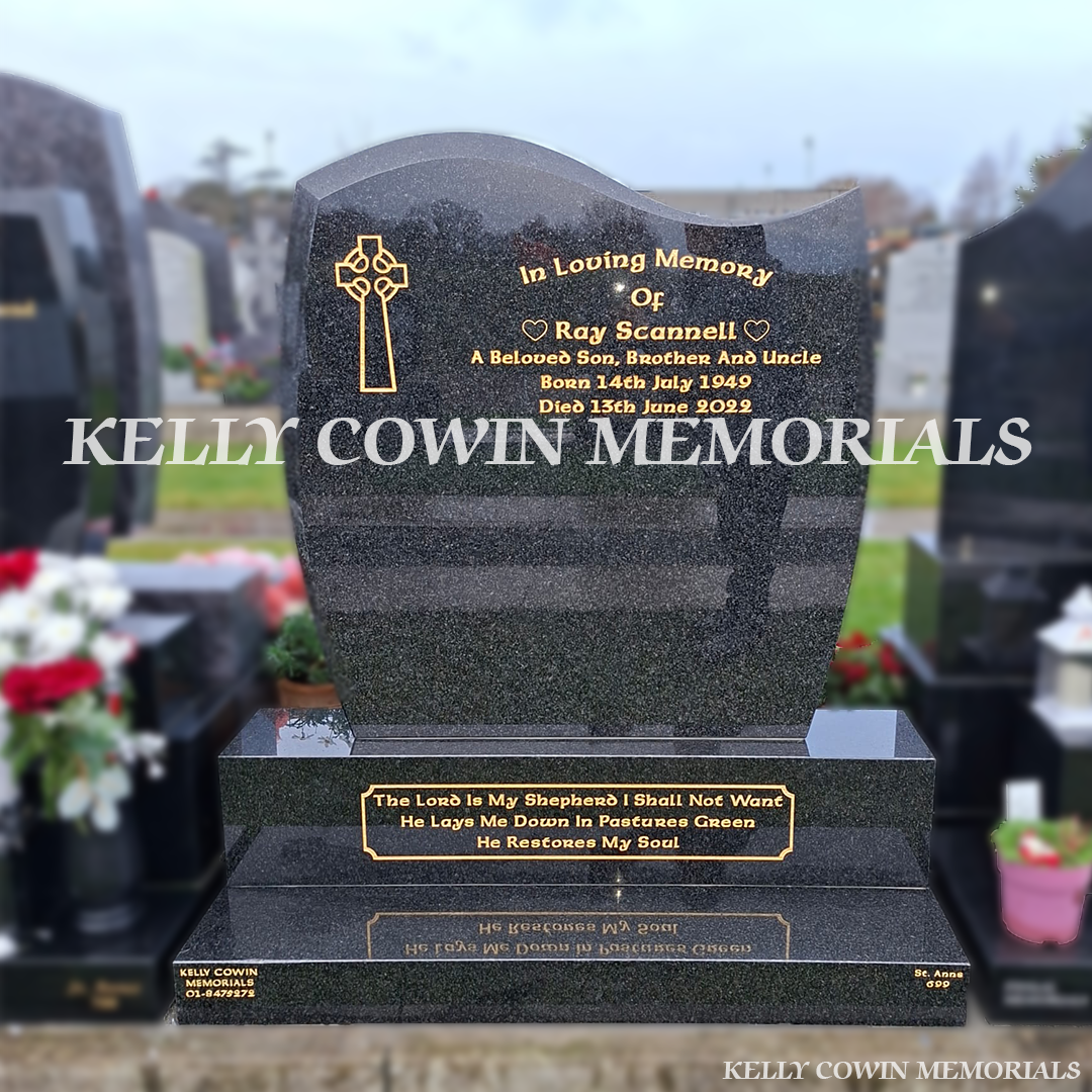 Front view of Rustenburg C1 headstone with gold inscription on base and plinth in Balgriffin Cemetery Dublin