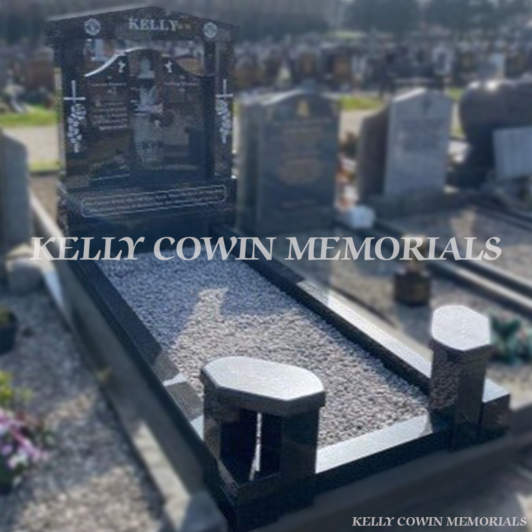 Side view of Rustenburg Gates of Heaven memorial with benches in Fingal Cemetery Dublin