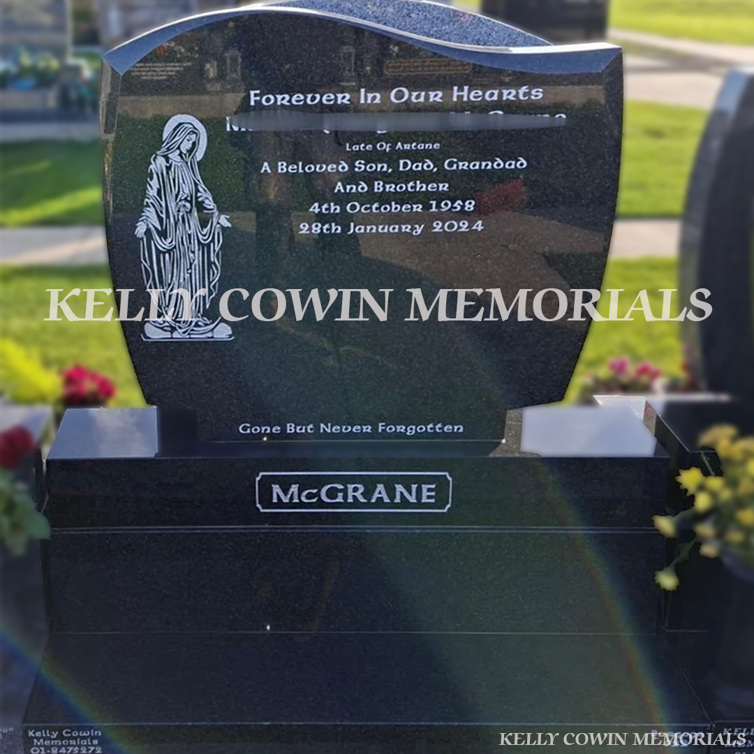 Rustenburg (black) C1 granite headstone installed in Balgriffin Cemetery by Kelly Cowin Memorials with a silver inscription