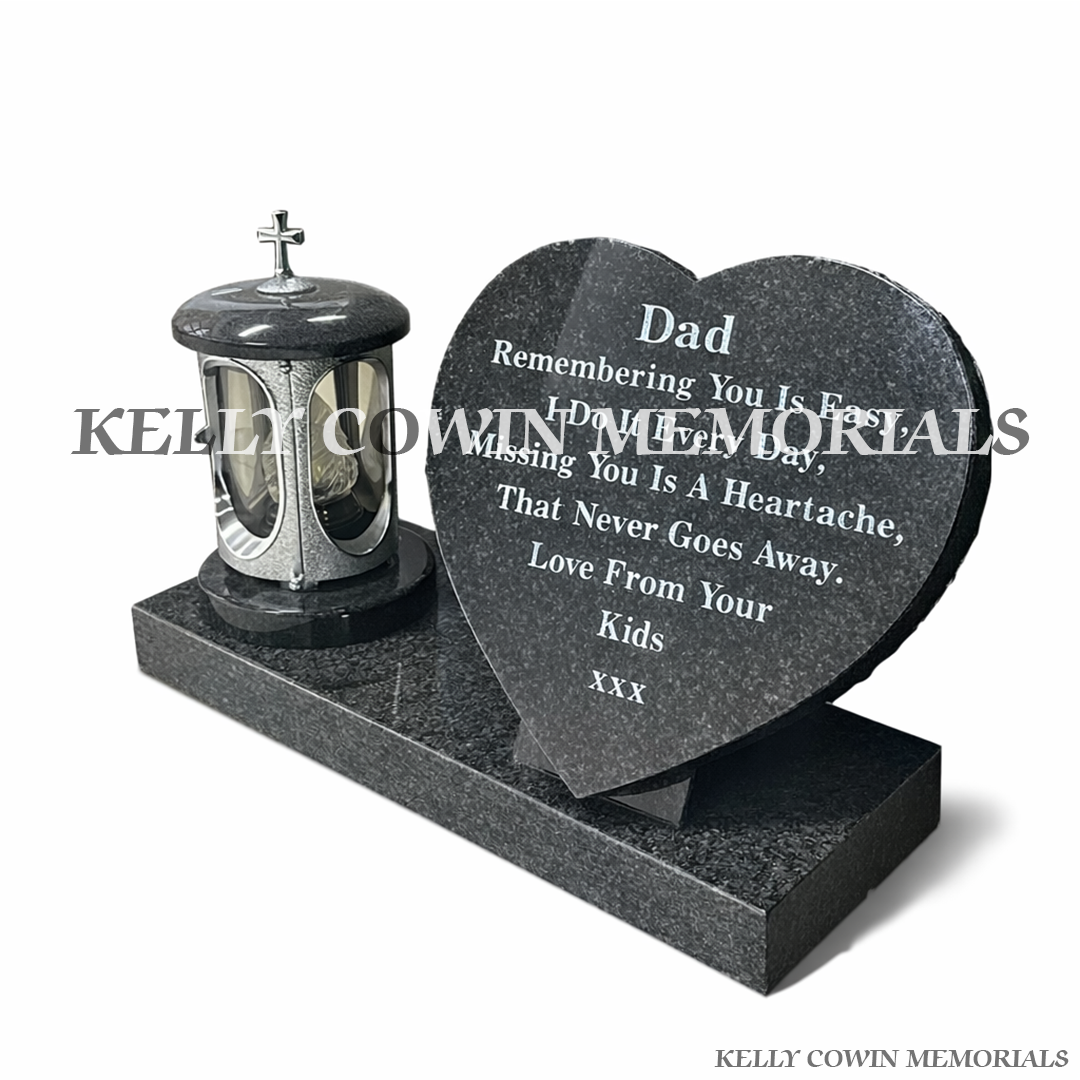 Side view of Rustenburg heart and lantern mounted on matching granite plinth