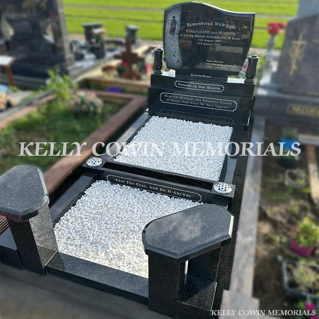 Black granite C1 headstone with laser image, kerbing, granite seats and central flower box at Mulhuddart Cemetery Dublin