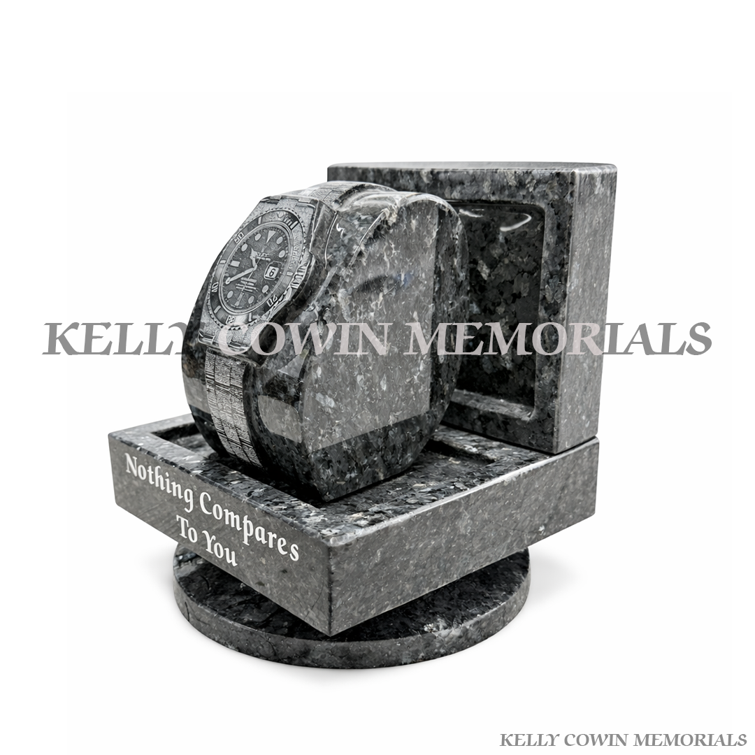 Blue Pearl granite Rolex watch Kelly Cowin Memorials available locally and nationwide across Ireland side view