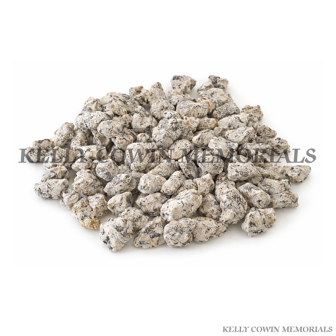 Silver grey granite chippings for grave memorial supplied in Dublin by Kelly Cowin Memorials with nationwide delivery across Ireland.