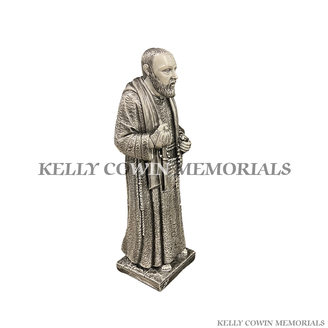 Silver Padre Pio memorial statue for graveside ornament in Ireland by Kelly Cowin Memorials