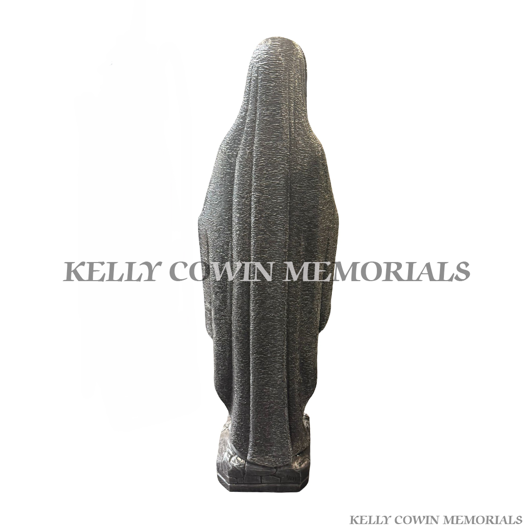 Rear view of silver Our Lady statue with detailed draped robe finish for memorial display