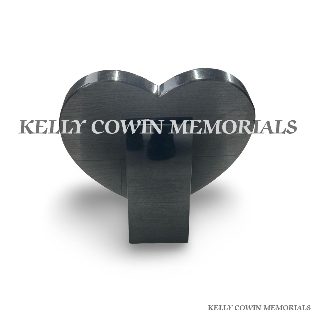 back view of Black granite 12 inch heart-shaped memorial plaque with polished finish and 23.5-carat gold engraved inscription, handcrafted by Kelly Cowin Memorials for personalised memorials throughout Dublin and Ireland.