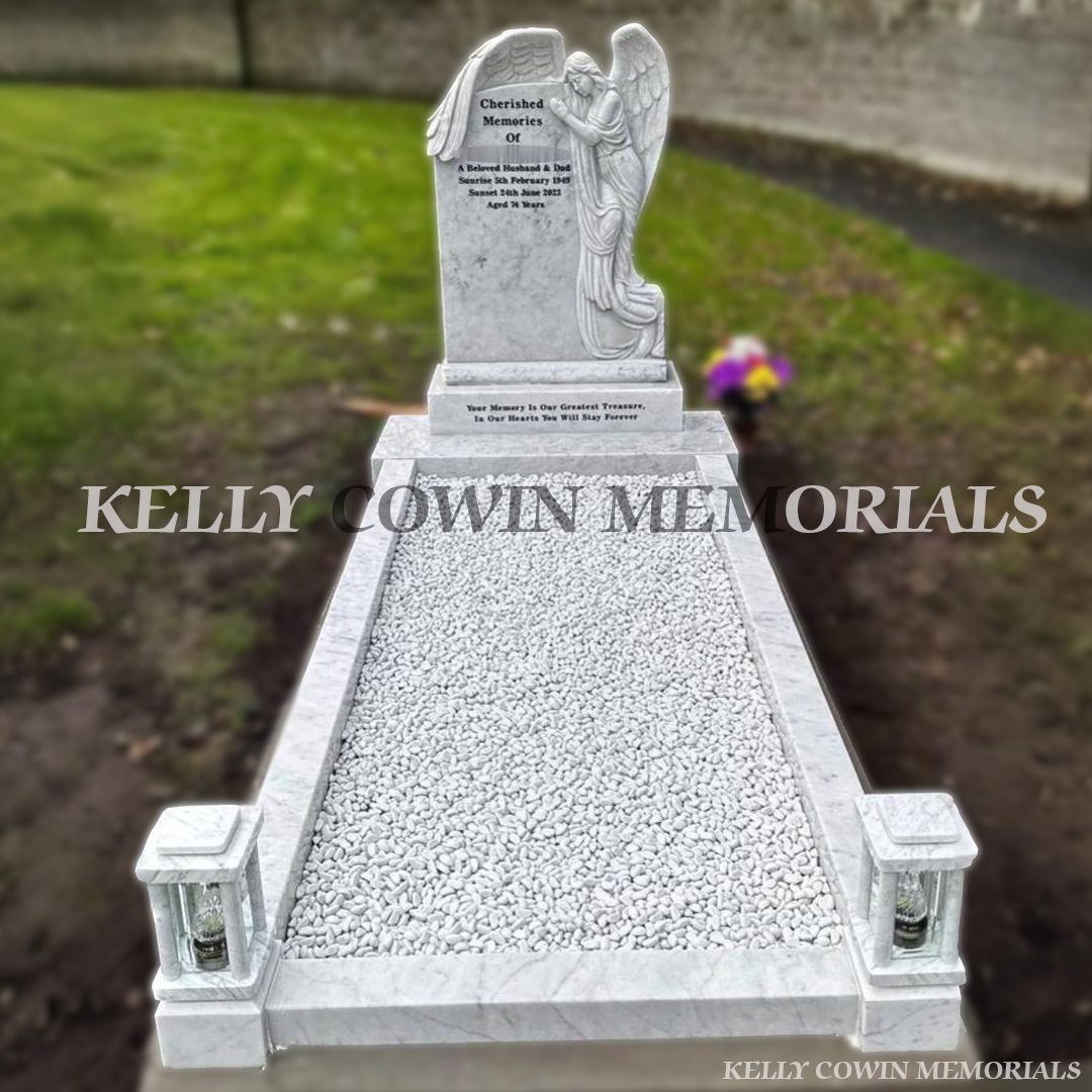 White marble angel headstone with kerbing installed at Kenure Cemetery Rush by Kelly Cowin Memorials