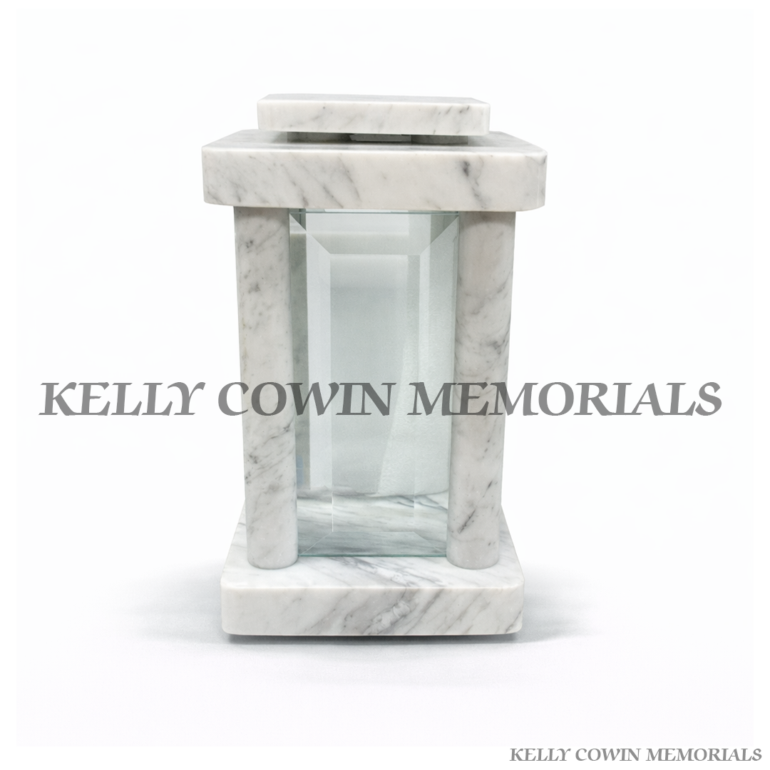White marble memorial lantern for graves with glass panels – grave lantern accessory supplied in Dublin and nationwide by Kelly Cowin Memorials Ireland
