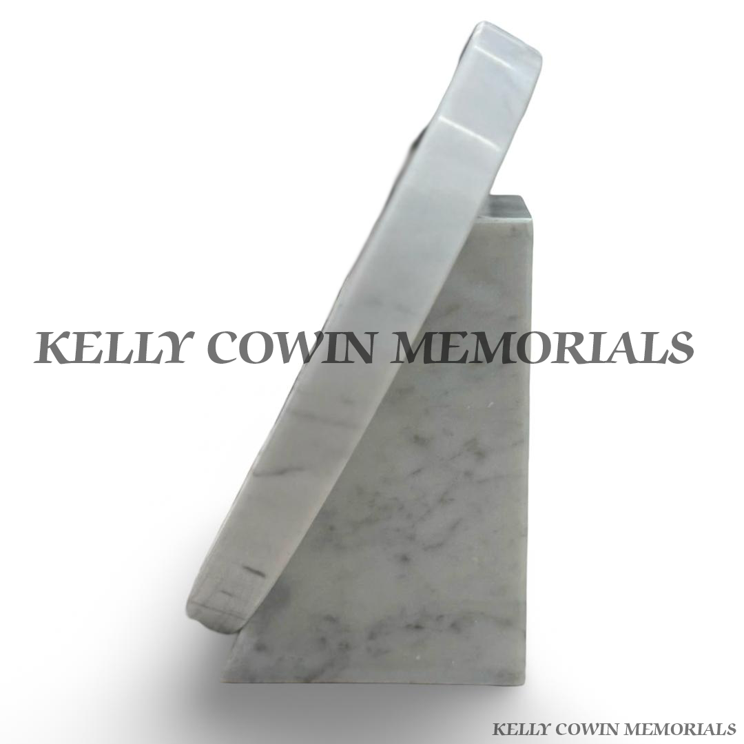 side view of White marble 12 inch heart memorial plaque with personalised black engraved inscription and coloured rose image by Kelly Cowin Memorials Ireland.