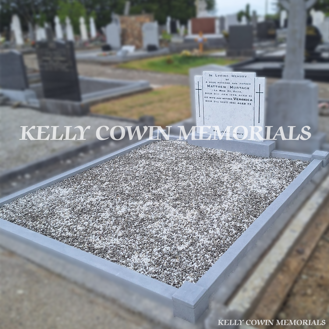After renovation of restored white marble headstone and limestone grave surround