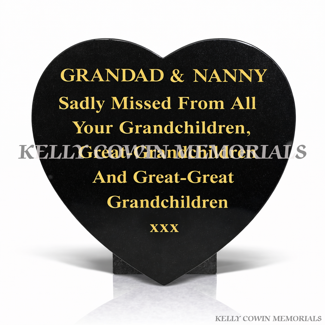 Black granite 12 inch heart shaped memorial plaque with personalised engraving by Kelly Cowin Memorials, available locally and nationwide