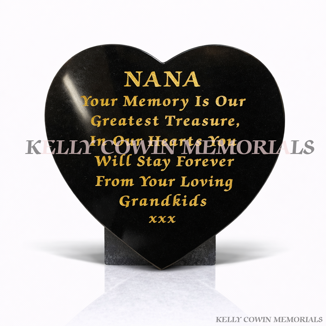 Black granite 12 inch heart shaped memorial plaque with gold engraved inscription, handcrafted by Kelly Cowin Memorials Ireland