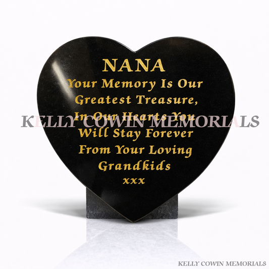 Black granite 12 inch heart shaped memorial plaque with gold engraved inscription, handcrafted by Kelly Cowin Memorials Ireland