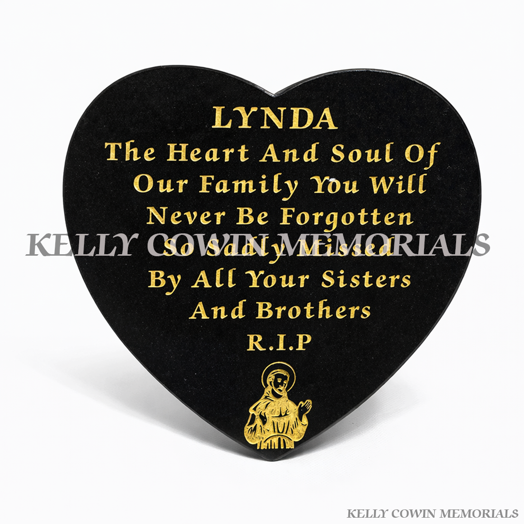 Black granite 12 inch heart shaped memorial plaque grave accessory with personalised engraving, available locally and nationwide in Ireland