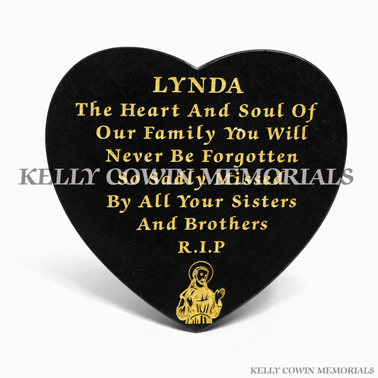 Black granite 12 inch heart shaped memorial plaque grave accessory with personalised engraving, available locally and nationwide in Ireland