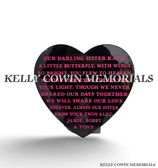 12 inch polished black granite heart memorial plaque with personalised pink engraved wording and freestanding support.