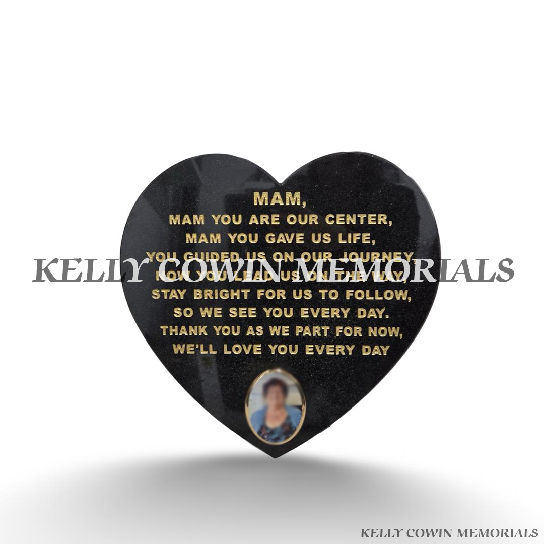 12 inch polished black granite heart memorial plaque with personalised gold engraved wording and oval ceramic photograph, crafted by Kelly Cowin Memorials Ireland.