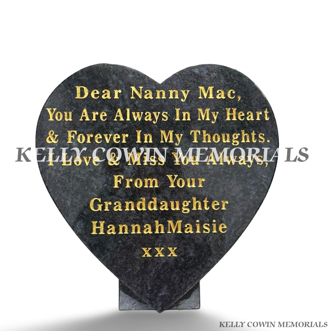 12-inch Blue Lagoon granite heart memorial plaque with personalised gold inscription and polished finish.