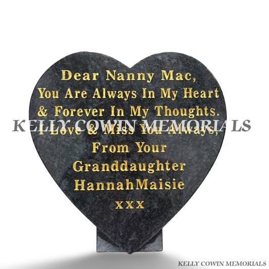 12-inch Blue Lagoon granite heart memorial plaque with personalised gold inscription and polished finish.