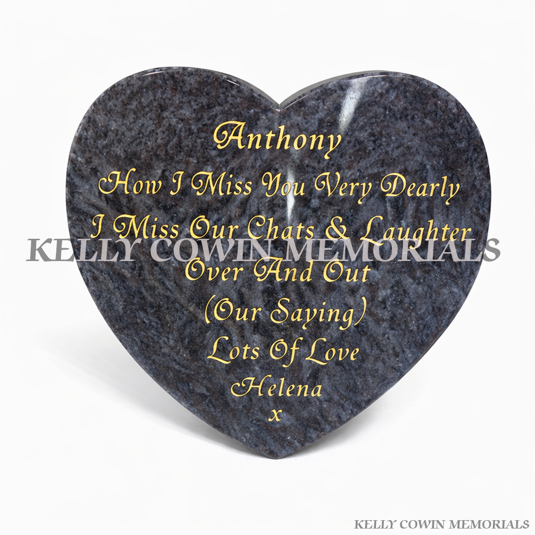 Blue Lagoon 12 inch heart shaped memorial plaque grave accessory with engraved inscription, available locally and nationwide in Ireland