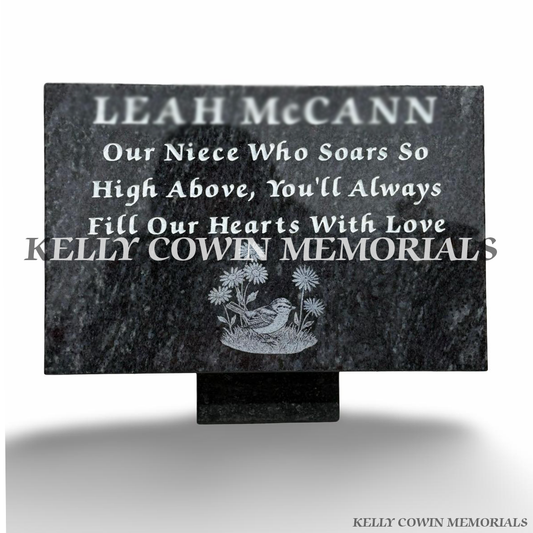 12 inch Blue Lagoon granite memorial plaque with silver engraved lettering by Kelly Cowin Memorials Ireland
