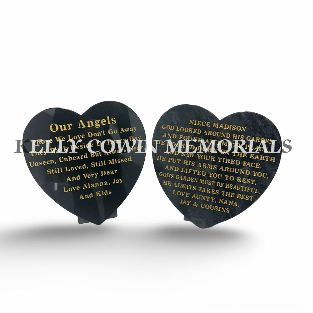 12 inch granite heart memorial plaques with gold engraving in Dublin by Kelly Cowin Memorials
