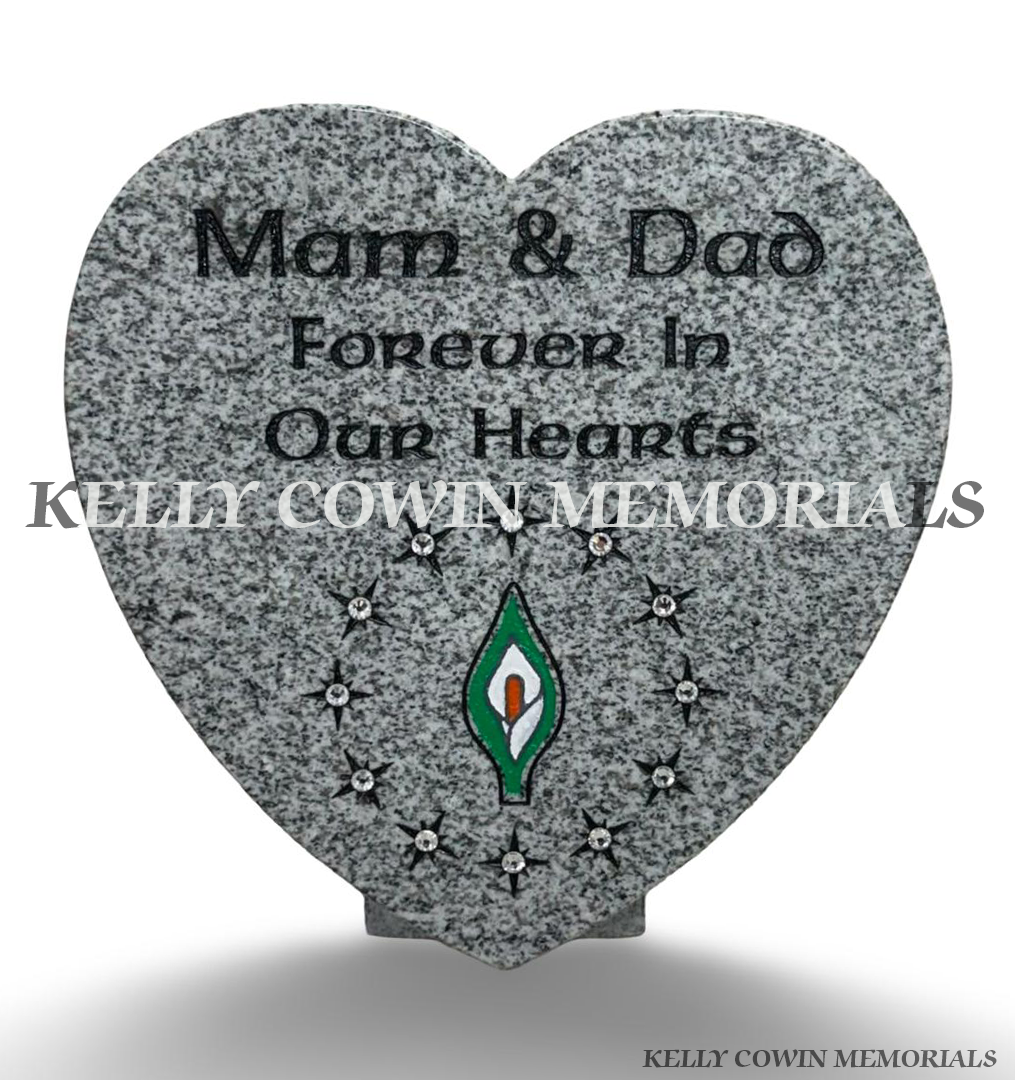 12 inch grey granite heart memorial plaque with black engraved Mam and Dad inscription, personalised centre design and decorative stars.