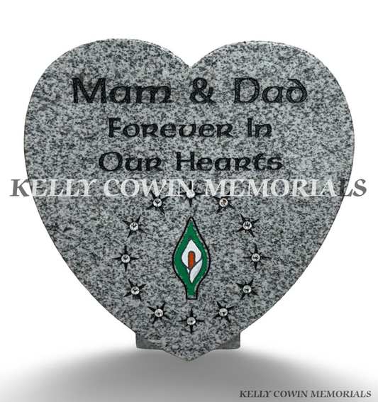 12 inch grey granite heart memorial plaque with black engraved Mam and Dad inscription, personalised centre design and decorative stars.