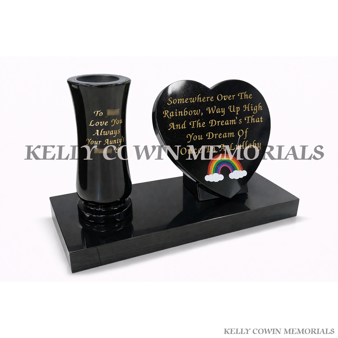 Black granite memorial set with tall vase and 12 inch heart shaped plaque on plinth, personalised grave memorial by Kelly Cowin Memorials Ireland