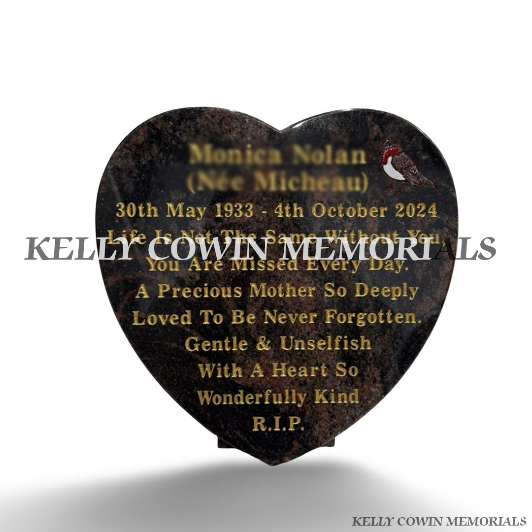 12-inch Pandora granite heart memorial plaque with personalised gold engraved inscription and coloured engraved robin by Kelly Cowin Memorials Ireland.