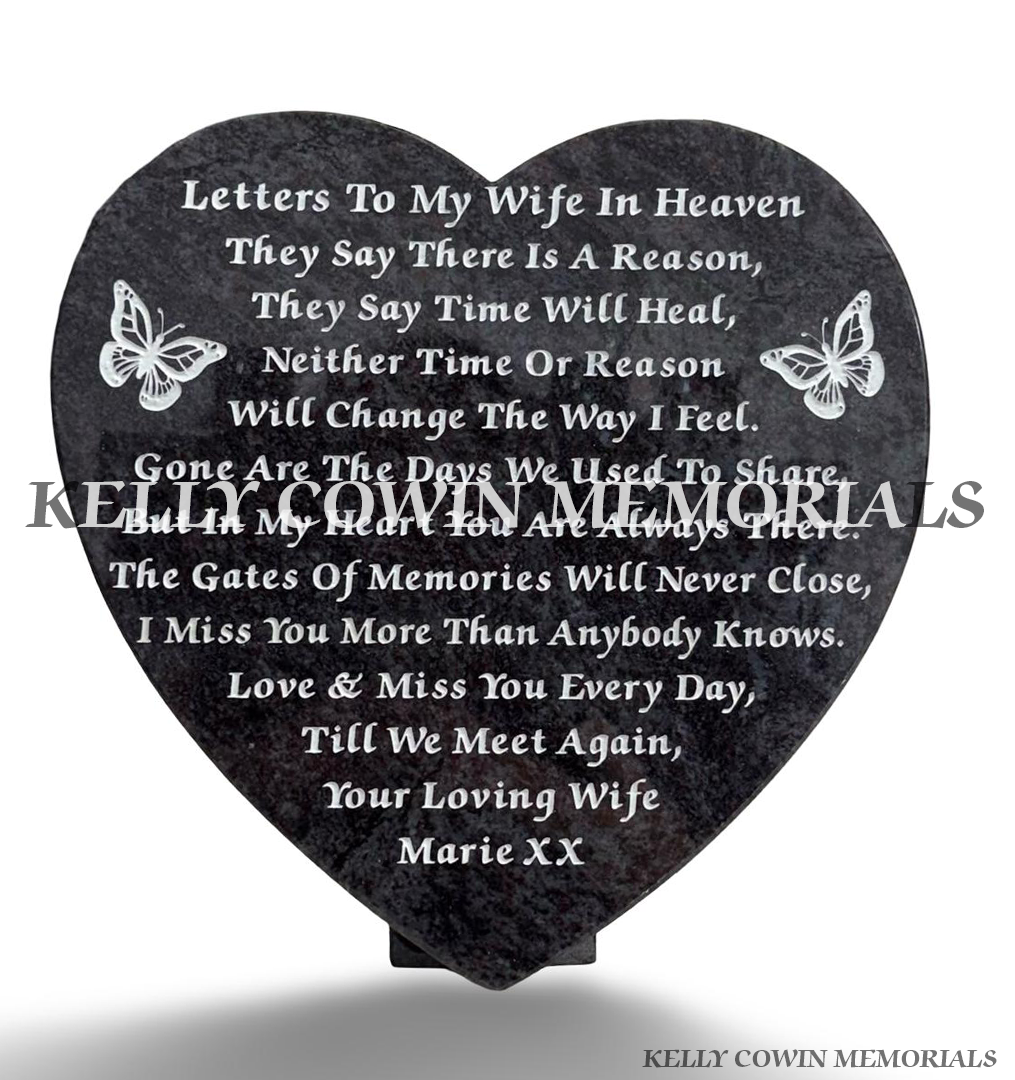 14 inch Blue Lagoon granite heart memorial plaque with personalised silver engraved remembrance wording and butterfly designs.