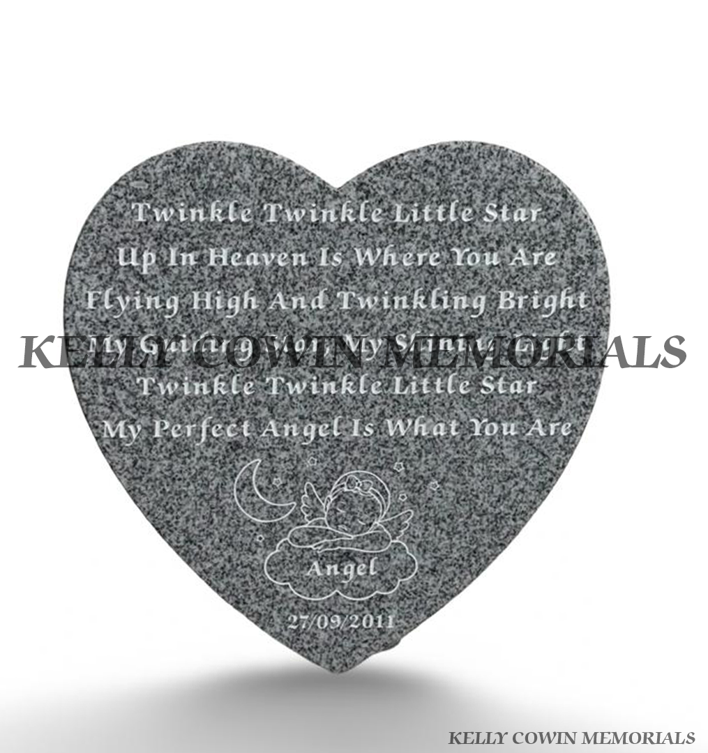 16 inch grey granite heart memorial plaque with personalised white engraved wording and angel design by Kelly Cowin Memorials Ireland.