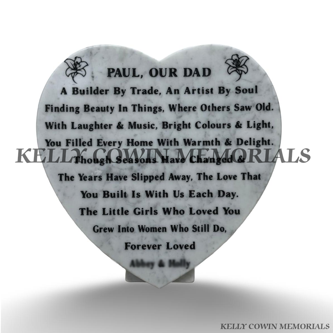 14 inch white marble heart memorial plaque with personalised inscription by Kelly Cowin Memorials Ireland