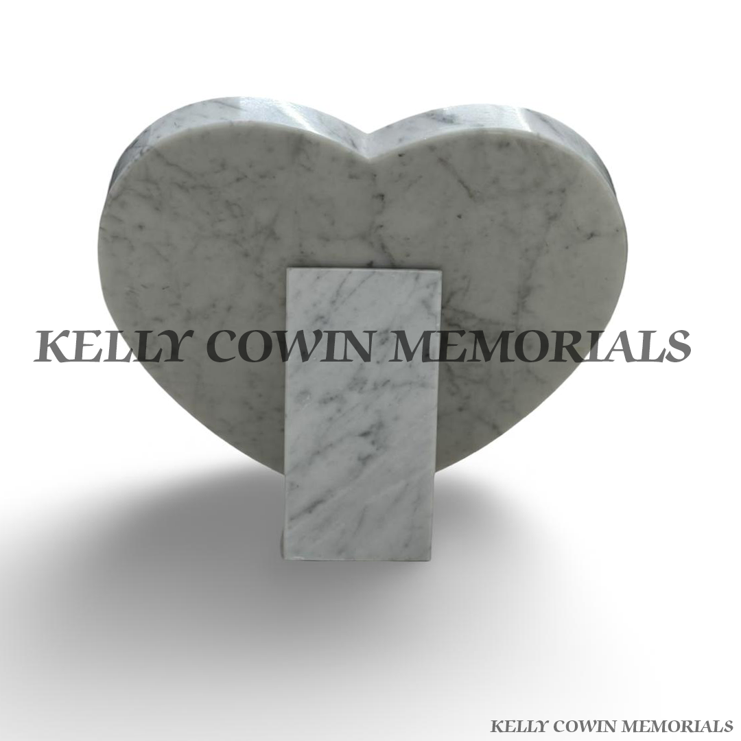 Rear view of 14 inch white marble heart grave memorial with matching marble support stand