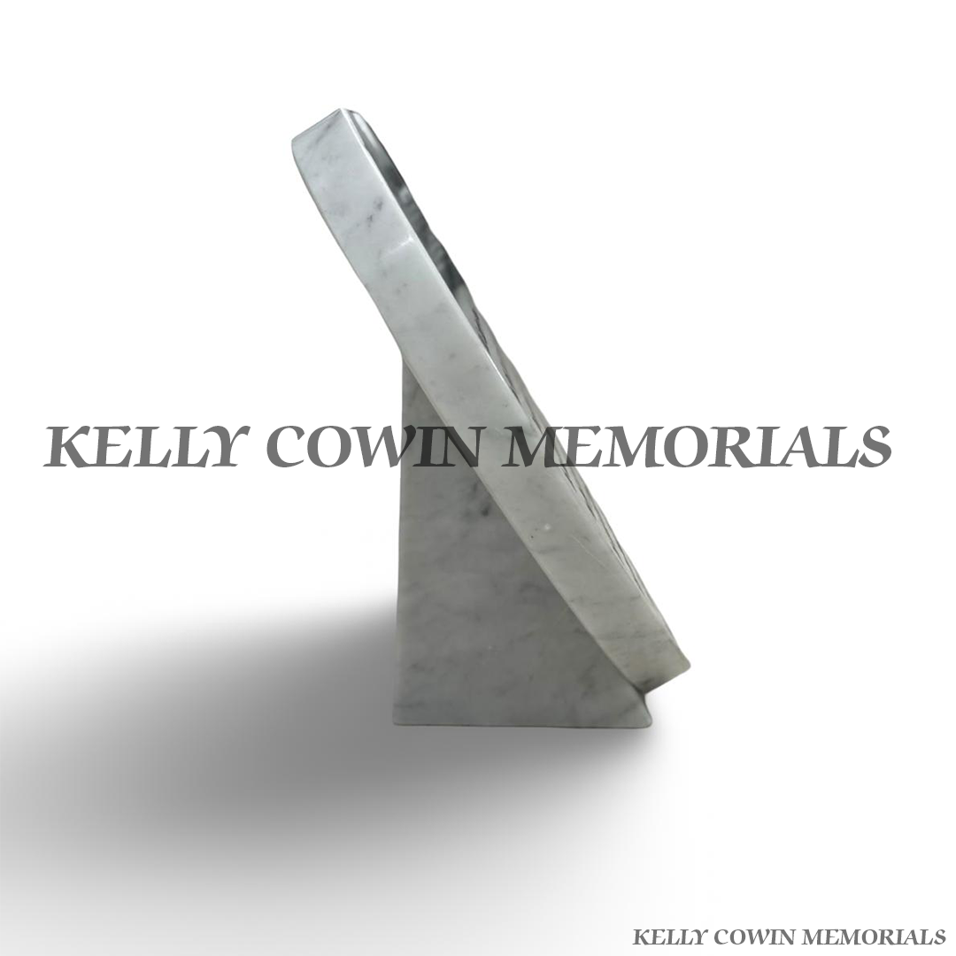 Side view of 14 inch white marble heart memorial plaque and freestanding support by Kelly Cowin Memorials