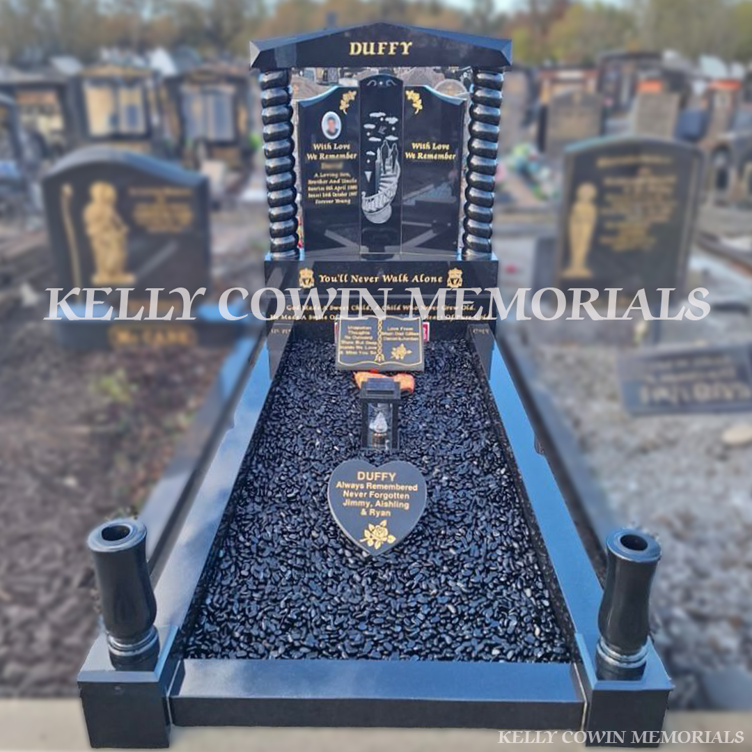 Black Granite Gates of Heaven headstone with kerbing, twisted pillars and gold leaf inscription installed in Fingal Cemetery by Kelly Cowin Memorials
