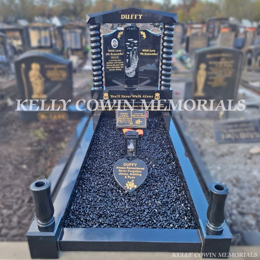 Black Granite Gates of Heaven headstone with kerbing, twisted pillars and gold leaf inscription installed in Fingal Cemetery by Kelly Cowin Memorials
