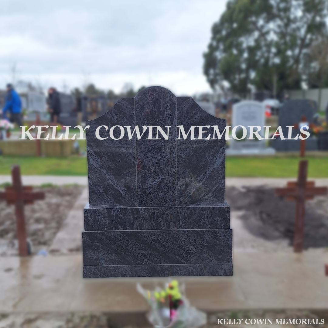 Rear view of Blue Lagoon Gates of Heaven headstone installed by Kelly Cowin Memorials in Balgriffin Cemetery