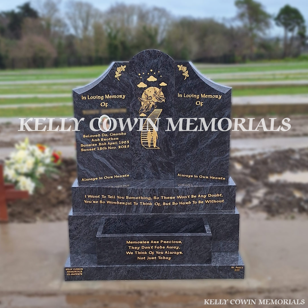 Front view of Blue Lagoon Gates of Heaven headstone with gold inscription in Balgriffin Cemetery