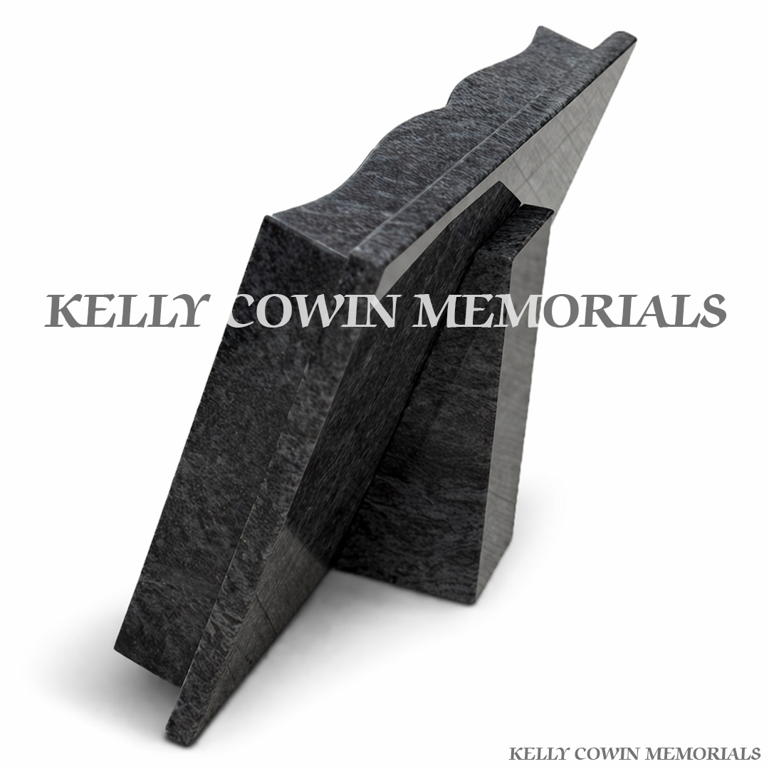 Side view of Blue Lagoon granite bible with gold engraved wording