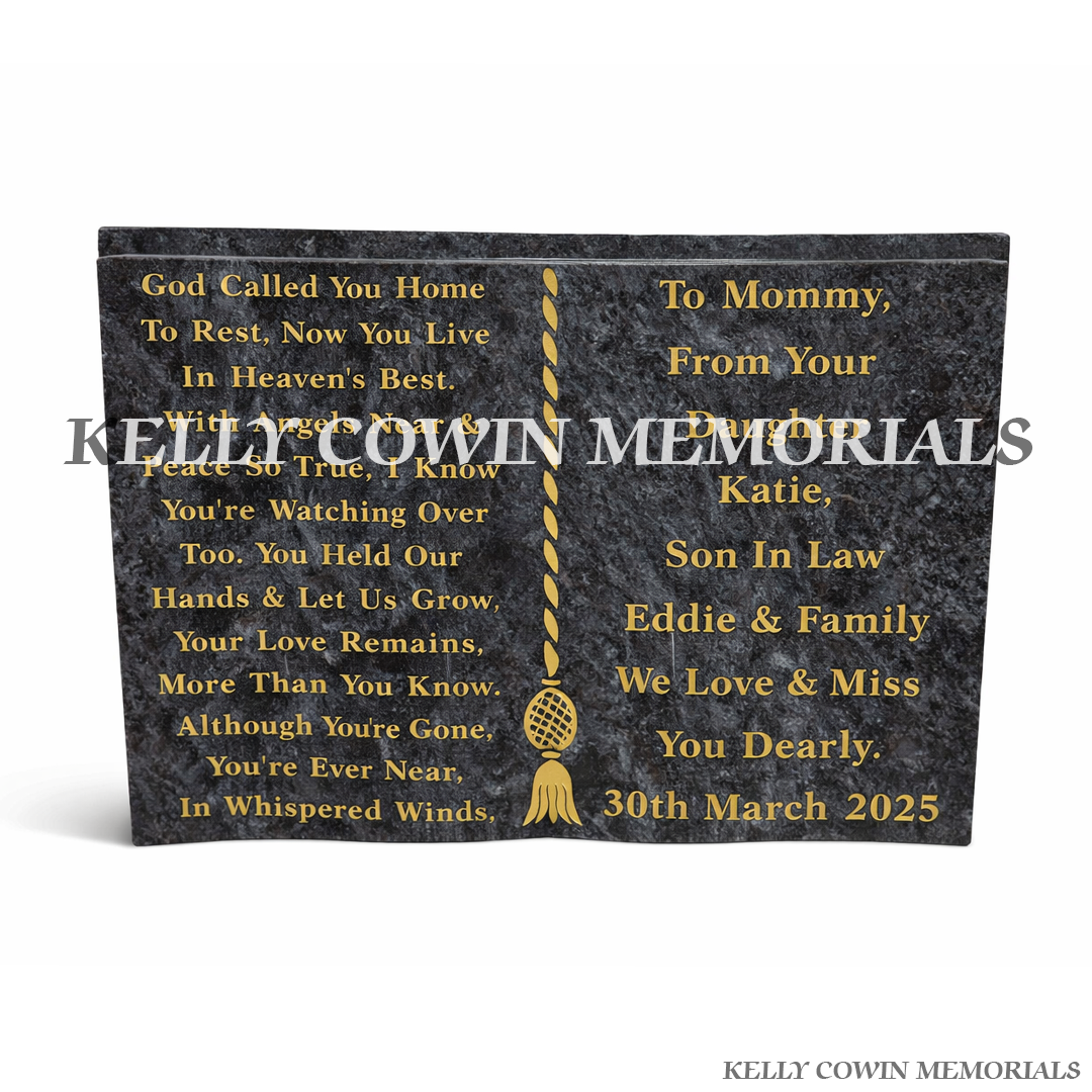 Front view of Blue Lagoon granite bible with gold engraved wording
