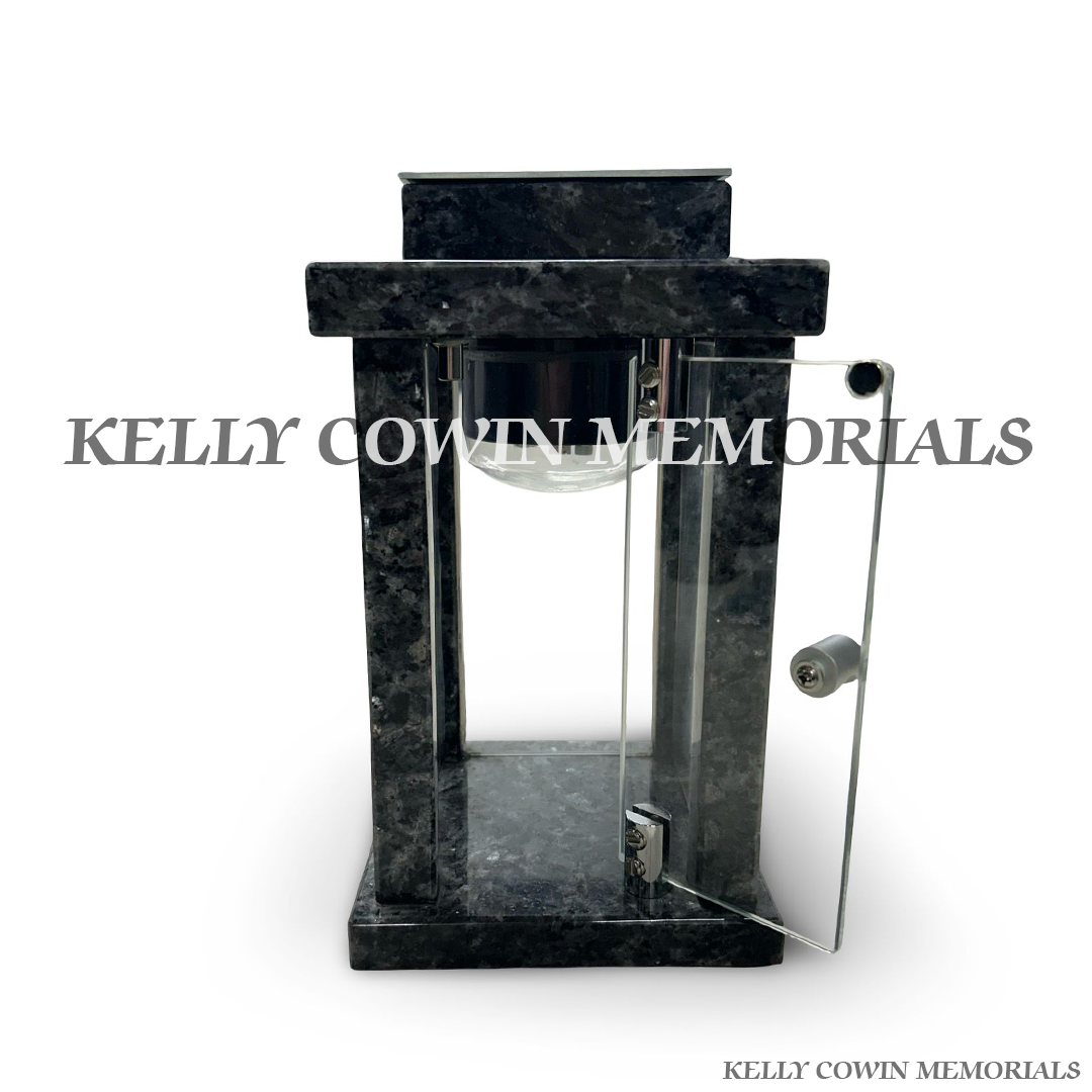 Front view of Blue Pearl granite square solar lantern