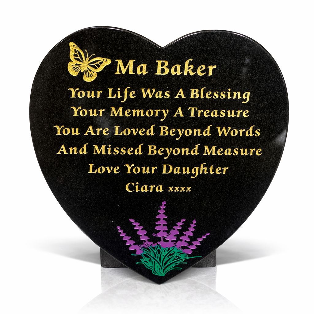Black granite 12 inch heart shaped memorial plaque with personalised engraving by Kelly Cowin Memorials Ireland