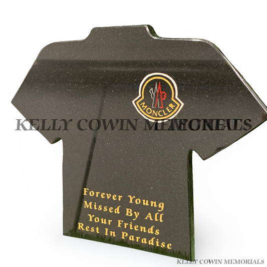 Black granite jersey memorial plaque engraved in gold lettering by Kelly Cowin Memorials Ireland