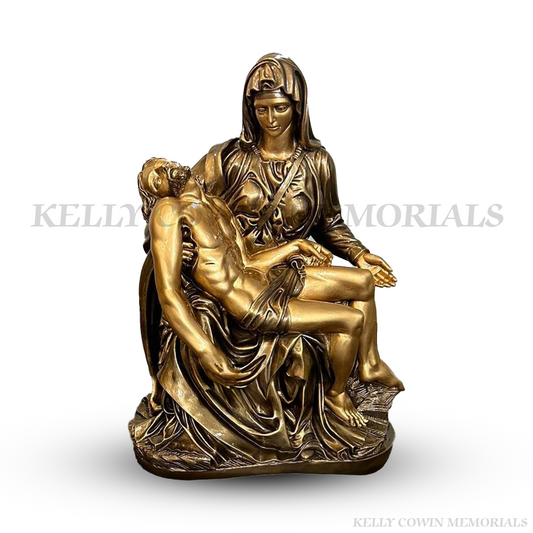 Large bronze Pieta statue for graves and memorials in Dublin, Glasnevin, Balgriffin, Fingal, and Dardistown — handcrafted by Kelly Cowin Memorials.